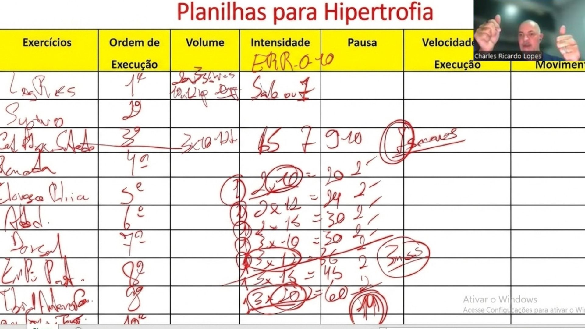 Professor Charles Lopes montando planilhas ao vivo durante a aula